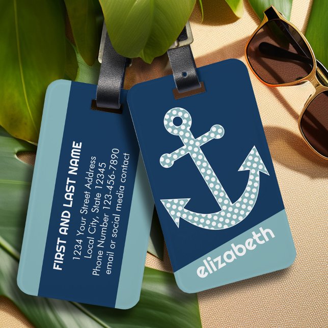 Niedlich Blue Polka Dot Anchor mit Individuelle Na Gepäckanhänger (Personalized Luggage Tag)