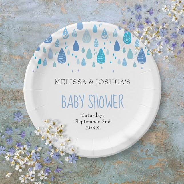 Niedlich Blue Raindrops Paare Kinderdusche Sprinkl Pappteller (Cute Blue Raindrops Couples Baby Shower Sprinkle Paper Plates)