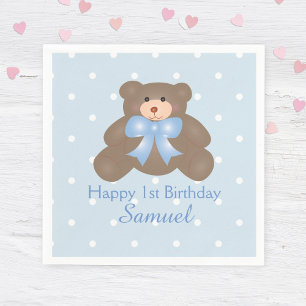 Niedlich Blue Ribbon Teddy Bear Boy Geburtstagspar Serviette