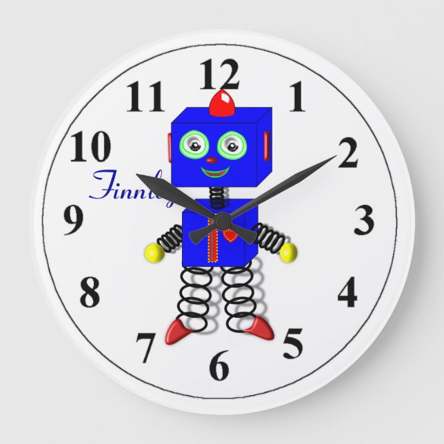 Niedlich Blue Robot Personalisiert Bots Room Clock Große Wanduhr (Vorderseite)