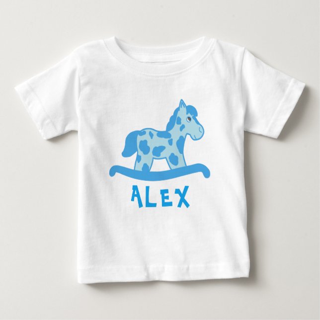 Niedlich Blue Rocking Horse Name Baby Boy Baby T-shirt (Vorderseite)