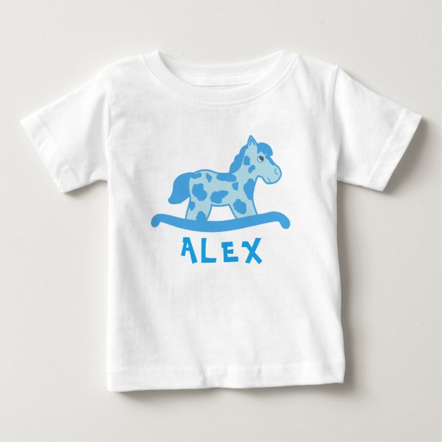 Niedlich Blue Rocking Horse Name Baby Boy T-shirt (Vorderseite)