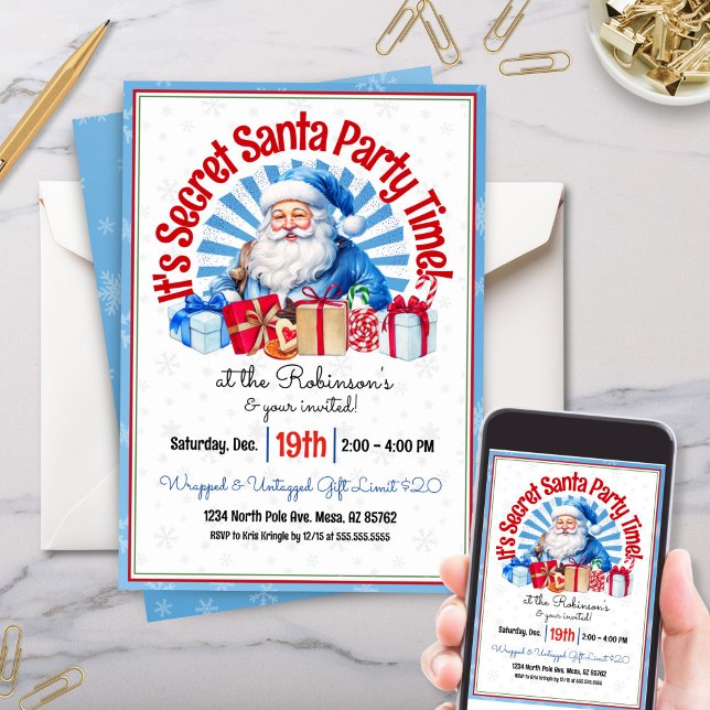 Niedlich Blue Secret Weihnachten Party Einladung (Blue Christmas secret santa party invitations for holiday party or gift exchange white elephant)