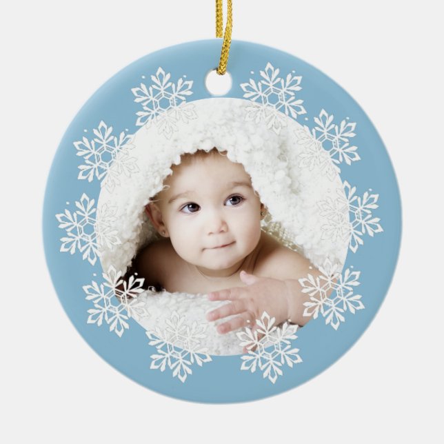 Niedlich Blue Snowflake Frame Baby Boy Foto Weihna Keramik Ornament (Vorne)