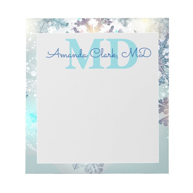 Niedlich Blue Snowflake Personalisiert Name MD Doc Notizblock (Vorderseite)