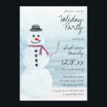 Niedlich Blue Snowman Watercolor Holiday Party Einladung<br><div class="desc">Diese niedliche Weihnachtsferien-Party Einladung ist perfekt für die festliche Winterveranstaltung. Es verfügt über einen frostigen, pastellblauen, handbemalten Wasserfarbenschneemann, der in einem schwarzen Top-Hut gekleidet ist, einen bordeauxroten Schal, eine schwarze Kohle für Augen, Mund und Knopf, und eine orangefarbene Karotte für seine Nase auf einem blau gestuften, farbigen Hintergrund und weißem...</div>