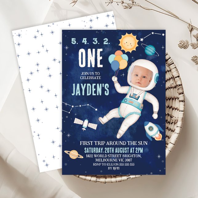 Niedlich Blue Space Erste Reise um Sun 1. Geburtst Einladung (First Trip Around The Sun 1st Birthday Invitation, Outer Space First Birthday Invitation Template, )
