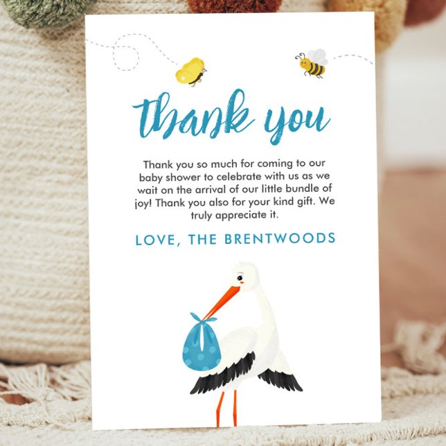 Niedlich Blue Stork Baby Dusche Danke Karte (Blue Thank you card template for baby shower or baby sprinkle with stork, bees and butterflies)