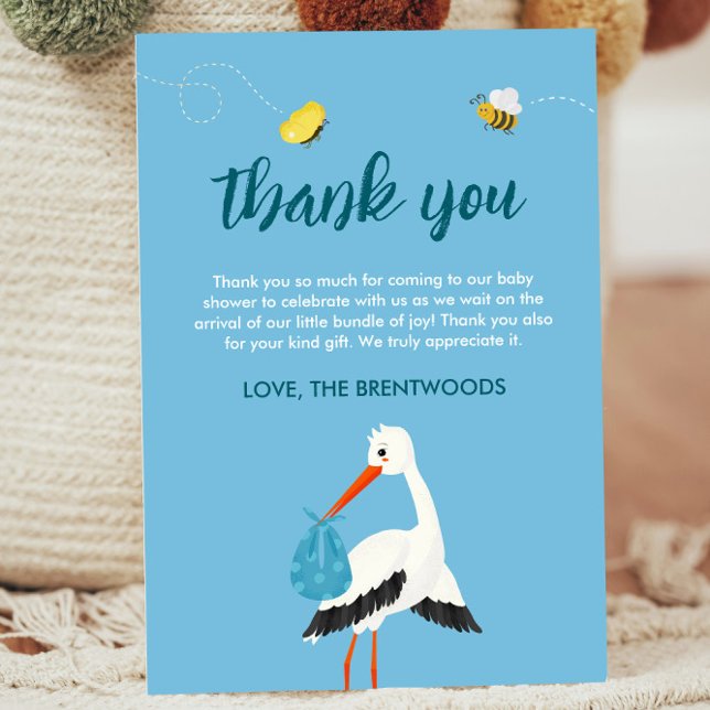 Niedlich Blue Stork Baby Dusche Dankeskarte (Blue Thank you card template for baby shower or baby sprinkle with stork, bees and butterflies)