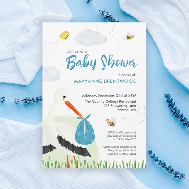 Niedlich Blue Stork Baby Dusche Einladung (Blue stork baby shower or baby sprinkle boy theme invitation template personalized )