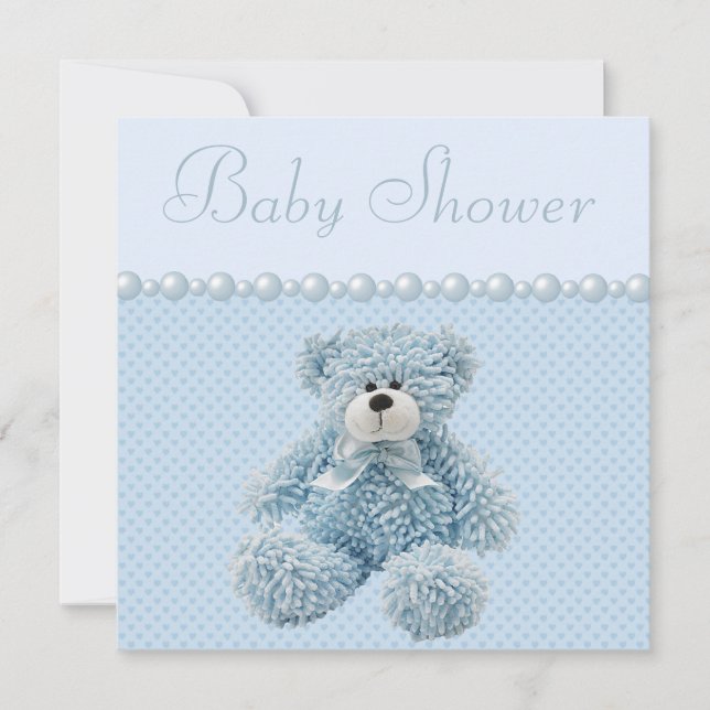 Niedlich Blue Teddy Bear Baby Boy Dusche Einladung (Vorderseite)