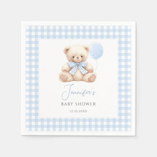 Niedlich Blue Teddy Bear Bow Balloon Baby Boy Dusc Serviette (Vorderseite)