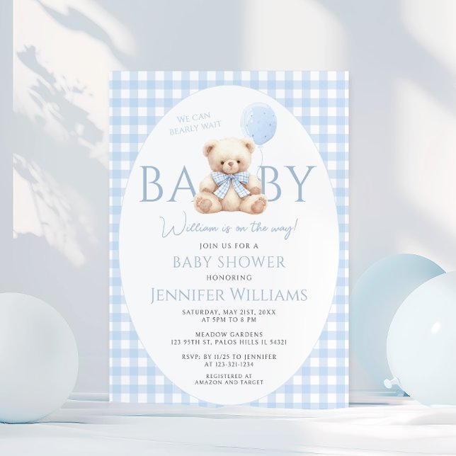 Niedlich Blue Teddy Bear Gingham Bow Baby Boy Show Einladung (Von Creator hochgeladen)