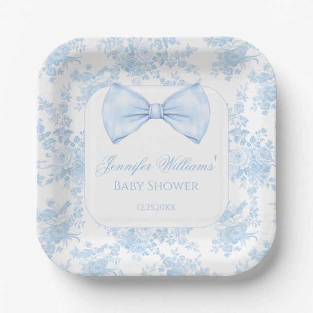 Niedlich Blue Toile Floral Bow Krawatte Baby Boy D Pappteller (Vorderseite)