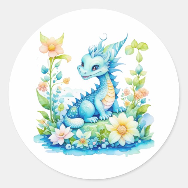 Niedlich Blue Turquoise Green Fantasy Dragon Runder Aufkleber (Vorderseite)