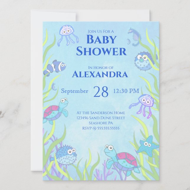 Niedlich Blue Under Sea Boy Baby Shower Einladung (Vorderseite)