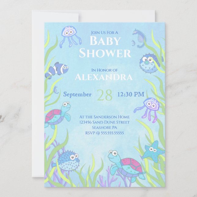 Niedlich Blue Under Sea Boy Baby Shower Einladung (Vorderseite)