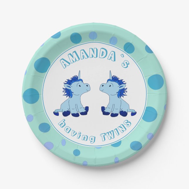 Niedlich Blue Unicorn Boys Twins Baby Dusche Party Pappteller (Vorderseite)