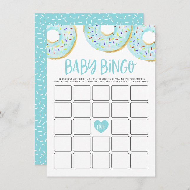Niedlich Blue Watercolor Donuts Babydusche Bingo Begleitkarte (Vorne/Hinten)
