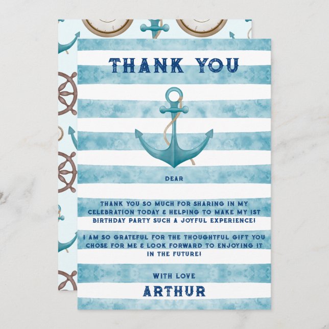 Niedlich Blue Watercolor Nautical Sailor Anchor Dankeskarte (Vorne/Hinten)