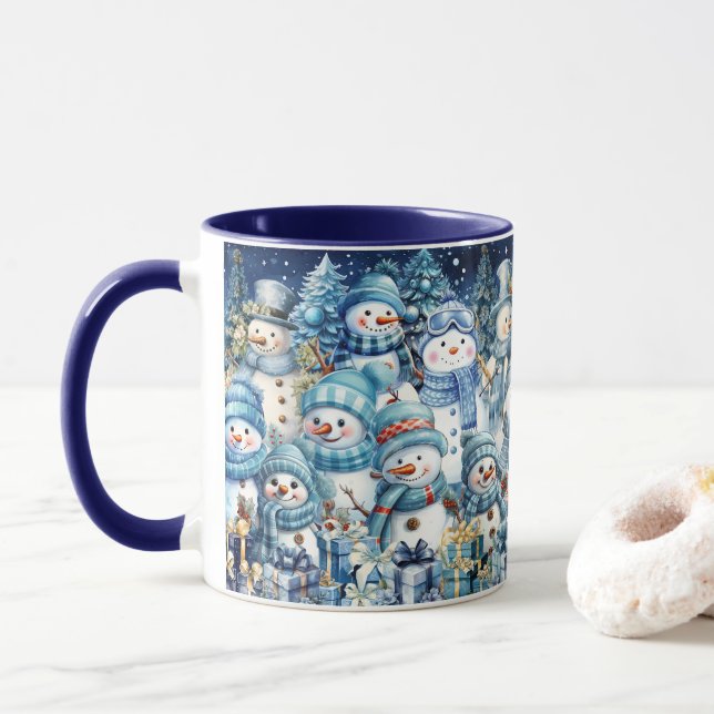 Niedlich Blue Watercolor Snowman Family Tasse (Mit Donut)