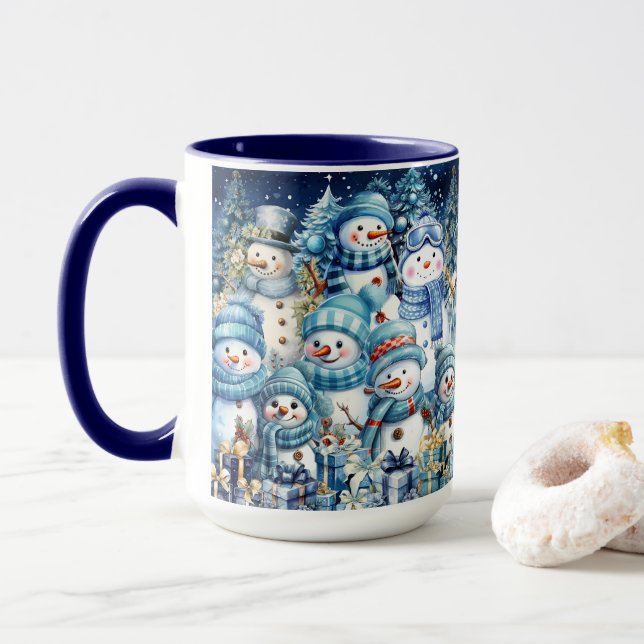 Niedlich Blue Watercolor Snowman Family Tasse (Mit Donut)
