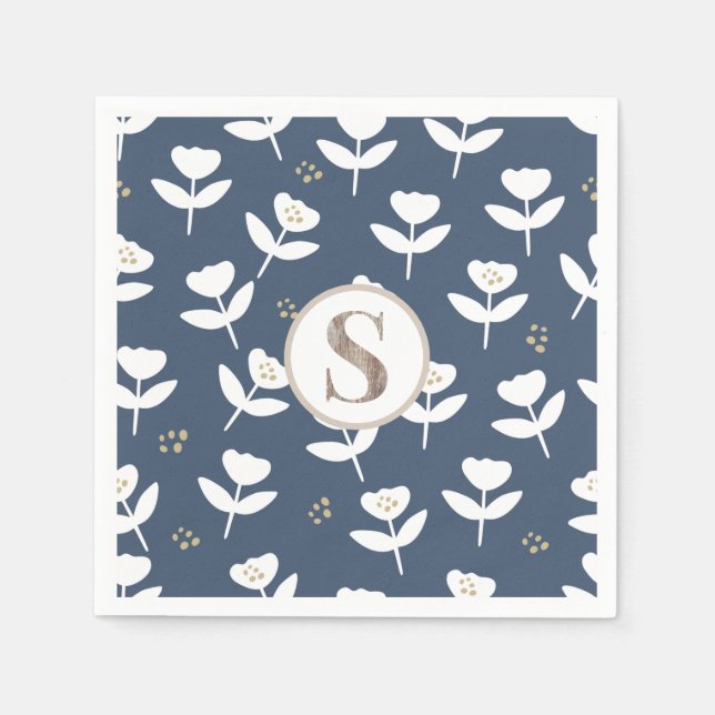 Niedlich Blue & White Floral Monogram Name Einfach Serviette (Vorderseite)