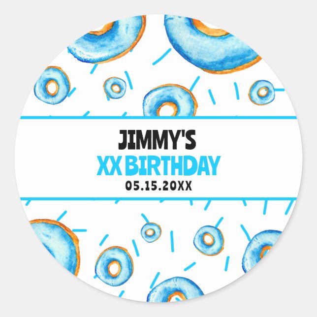 Niedlich Blue & White Watercolor Donut Boy Geburts Runder Aufkleber (Vorderseite)