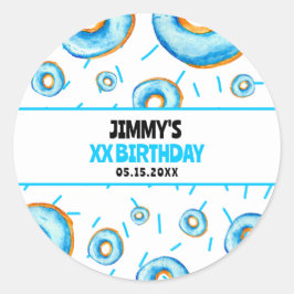 Niedlich Blue & White Watercolor Donut Boy Geburts Runder Aufkleber