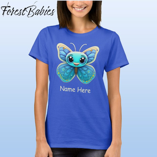Niedlich Blue Wildlife Butterfly Kid's Cartoon Gra T-Shirt (Butterfly, Deep Royal Blue Customizable ForestBabies Women's Basic T-shirt - Front)