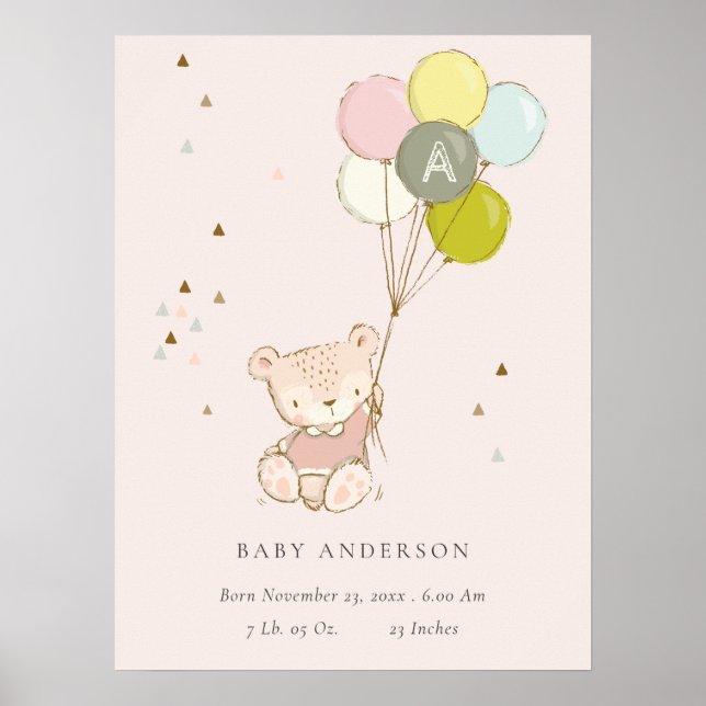 Niedlich Blush Bear Ballon Girl Monogram Baby Poster (Vorne)