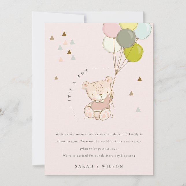 Niedlich Blush Bear Balloon Baby Announccard Dankeskarte (Vorderseite)