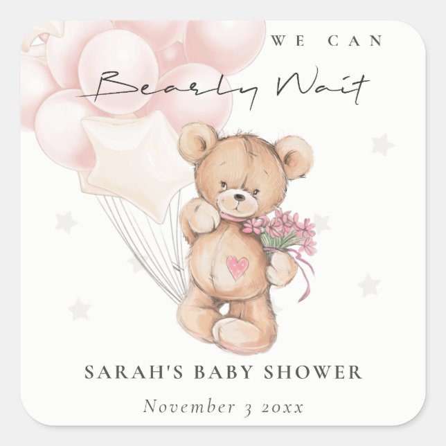 Niedlich Blush Bearly Wait Bear Balloon Babydusche Quadratischer Aufkleber (Vorderseite)