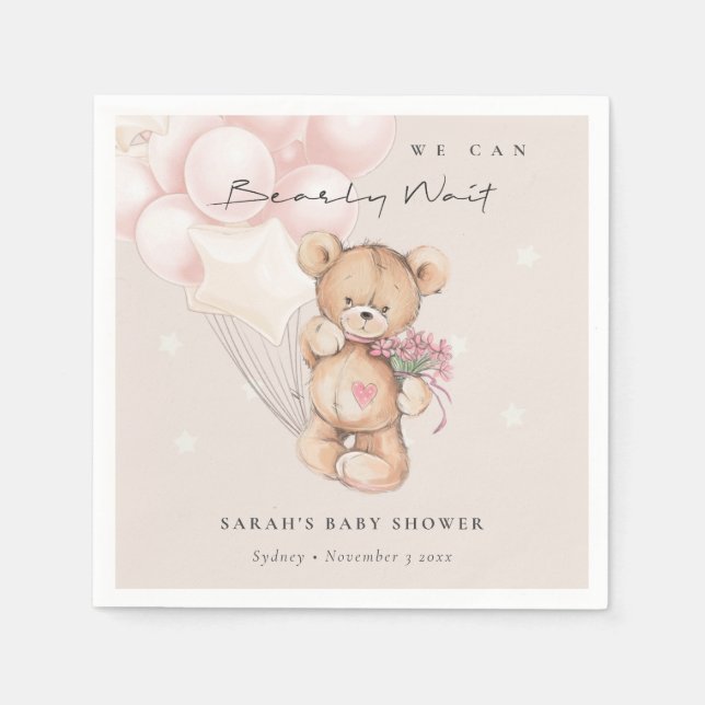 Niedlich Blush Bearly Wait Bear Balloon Babydusche Serviette (Vorderseite)
