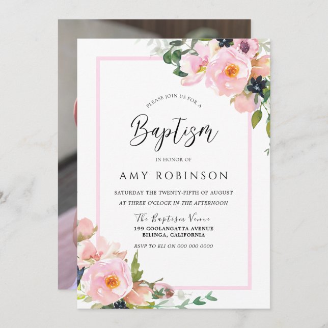 Niedlich Blush Blume Girls Foto Picture Taufe Einladung (Vorne/Hinten)