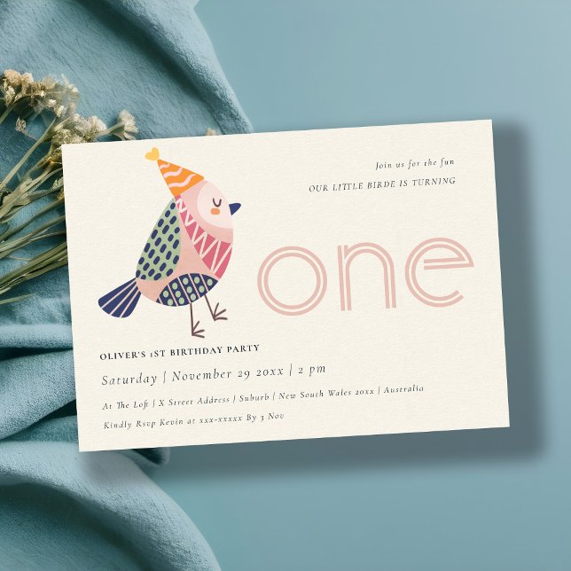 Niedlich Blush Pink Birdie jedes Alter 1. Geburtst Einladung (Von Creator hochgeladen)