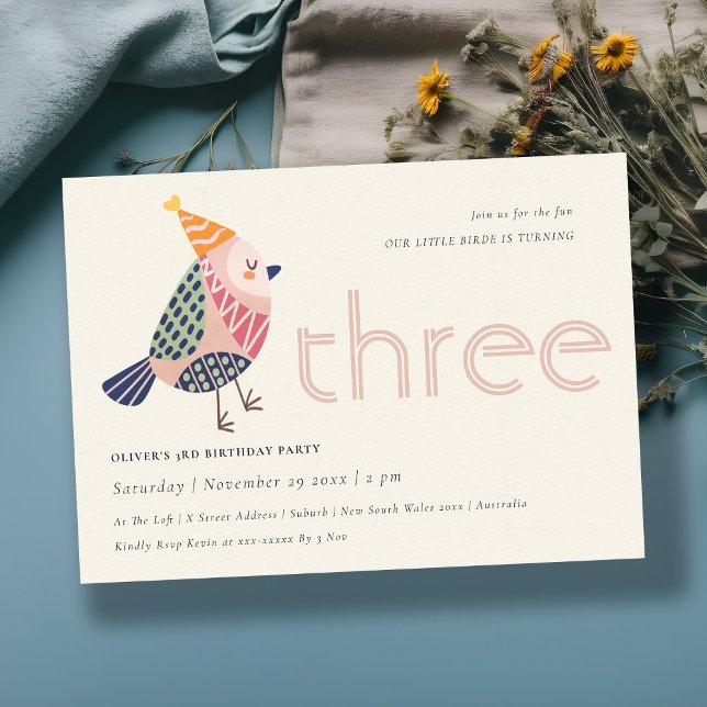 Niedlich Blush Pink Birdie jedes Alter 3. Geburtst Dankeskarte (Von Creator hochgeladen)