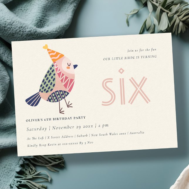 Niedlich Blush Pink Birdie Jedes Alter 6. Geburtst Dankeskarte (Von Creator hochgeladen)