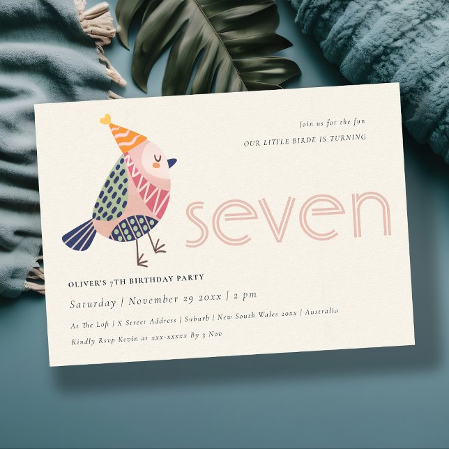 Niedlich Blush Pink Birdie Jedes Alter 7. Geburtst Dankeskarte (Von Creator hochgeladen)