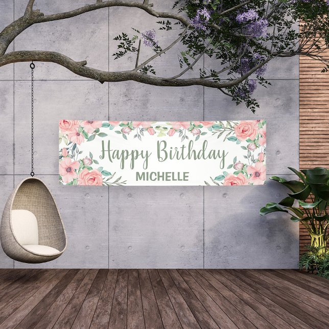 Niedlich Blush Pink Blume Glücklich Geburtstag Banner (Pink floral custom outdoor birthday banner. Personalize with your own text.)