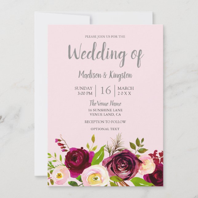 Niedlich Blush Pink Burgundy Red Floral Wedding Einladung (Vorderseite)