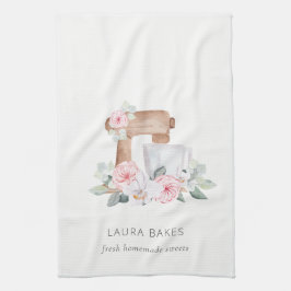 Niedlich Blush Pink Floral Cake Mixer Bäckerei Cat Geschirrtuch