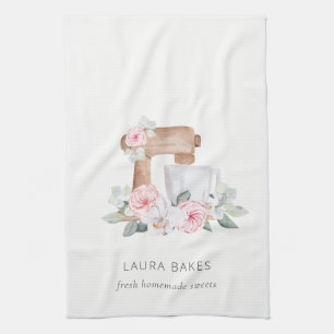 Niedlich Blush Pink Floral Cake Mixer Bäckerei Cat Geschirrtuch