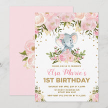 Niedlich Blush Pink Floral Elefant 1. Geburtstag P
