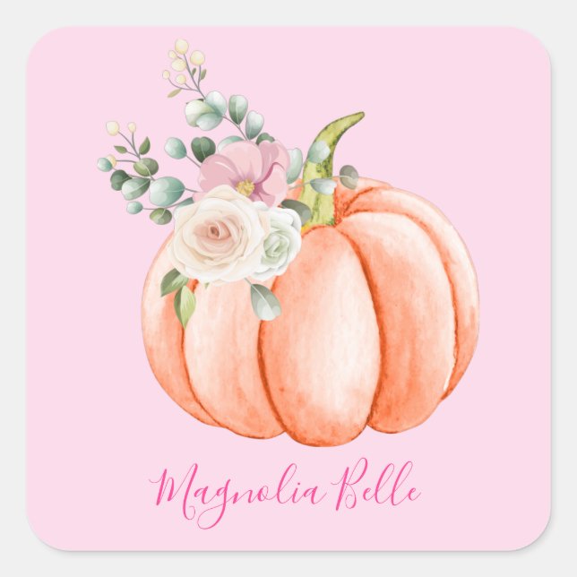 Niedlich Blush Pink Spring Floral Little Pumpkin N Quadratischer Aufkleber (Vorderseite)