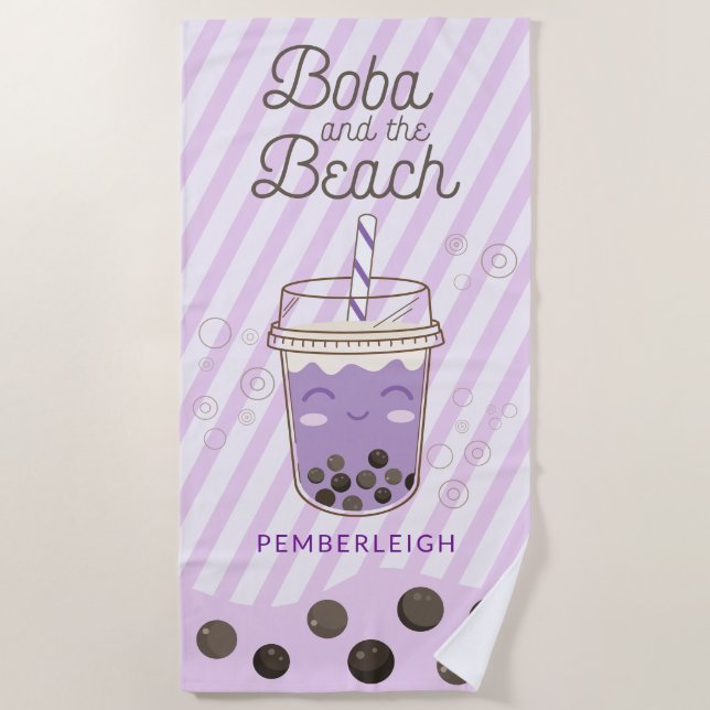 Niedlich Boba Bubble Tee Lila Streifen Strandtuch (Vorderseite)