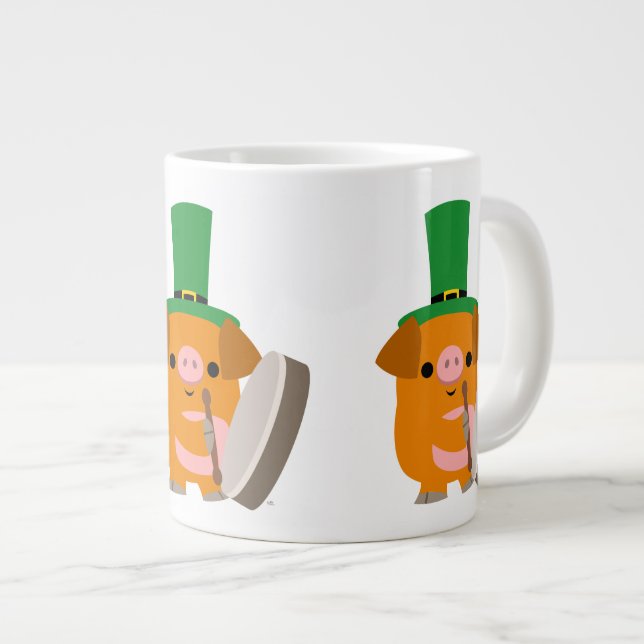 Niedlich Bodhran Playing Cartoon Pig Jumbo-Tasse (Vorderseite Rechts)