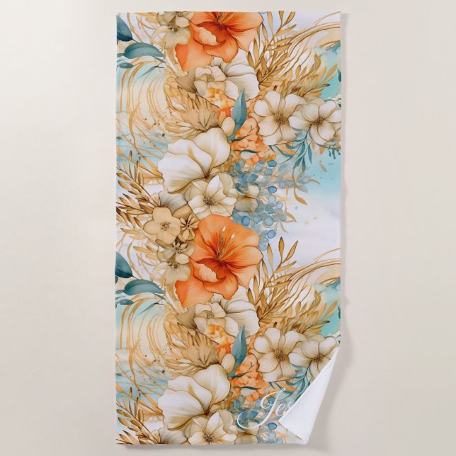 Niedlich Boho Beach Botanicals Blue Peach Florals Strandtuch (Vorderseite)