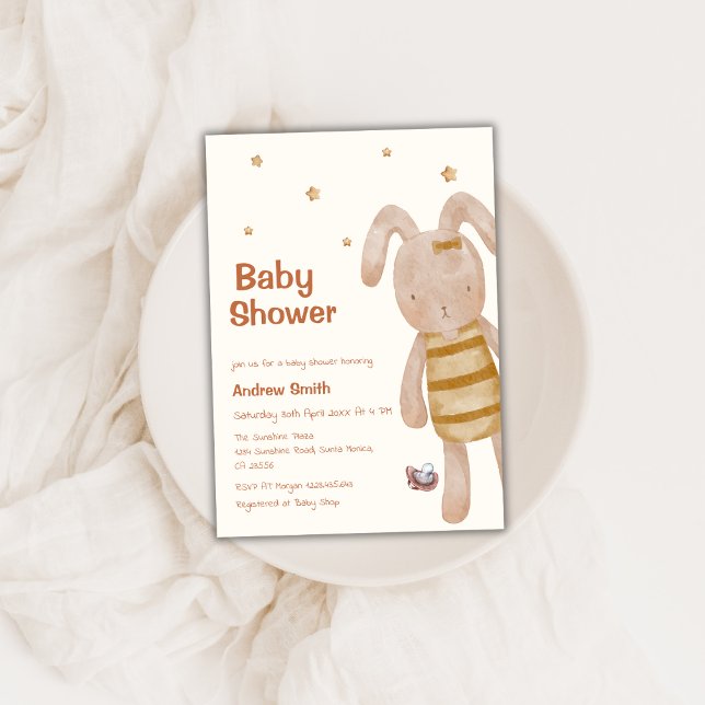 Niedlich Boho Bunny Toy Baby Dusche Einladung (Cute Boho Bunny Toy Baby Shower Invitation)