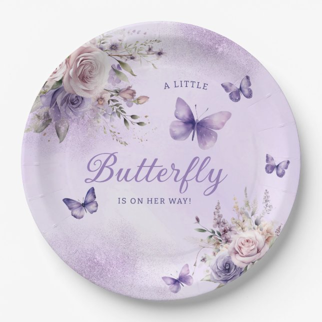 Niedlich Boho Butterfly Aquarell Floral Baby Dusch Pappteller (Vorderseite)
